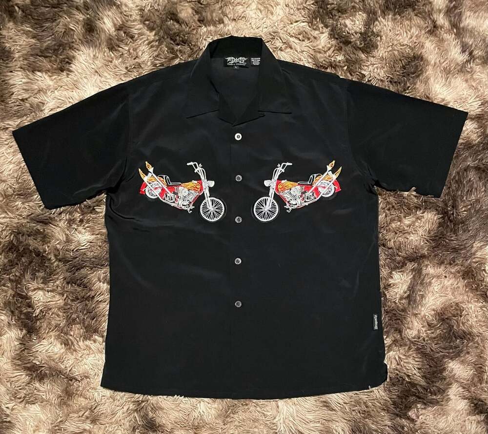 Made in Korea dragonfly company button up Black Motorcycle embroidered shirt
